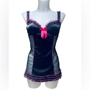 La Senza Push Up Sheer Black & Hot Pink Merry Widow Babydoll Lingerie NWOT